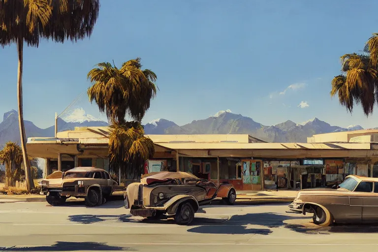 Image similar to natural american landscape | abandoned gas station | palm trees | snowy mountains, painting by syd mead and weta studio and james jean, frank frazetta, highly detailed, rule of third, soft lighting, 8 k resolution, oil on canvas, architectural magazine, beautiful detailed, insanely intricate details, artstation trending, hypermaximalistic, high details, cinematic