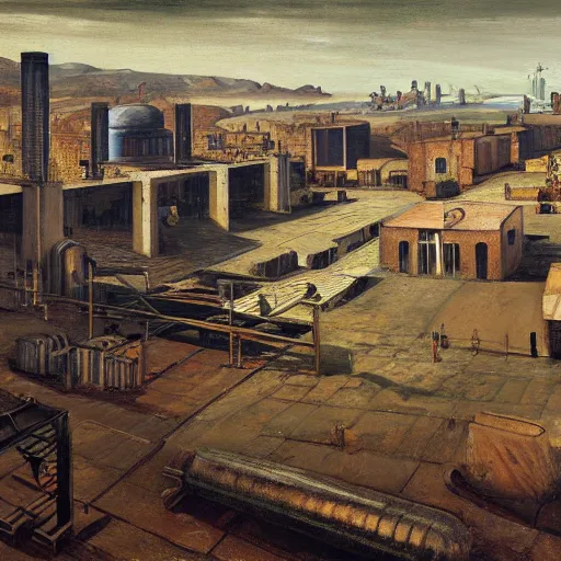 Prompt: steel factory yard giorgio de chirico graham sutherland greg rutkowski odd nerdrum simon stalenhag