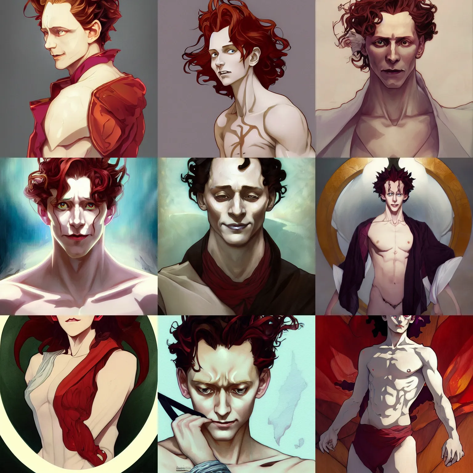 Prompt: hisoka, young tom hiddleston, cel - shaded animesque art by artgerm and greg rutkowski and alphonse mucha, smooth white skin, smirking face, reddish hair, d & d, fantasy, feminine portrait, highly detailed, digital painting, trending on artstation, concept art, sharp focus, illustration