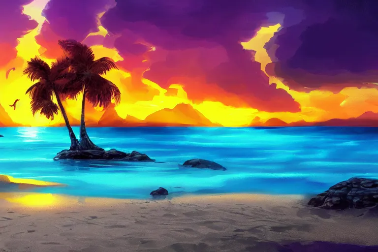 Image similar to beautiful digital painting of a fantasy tropical island beach, with large sun on the horizon, at sunset, trending on artstation, purple orange red color scheme, 4 k, atmospheric effects, cinematic lights