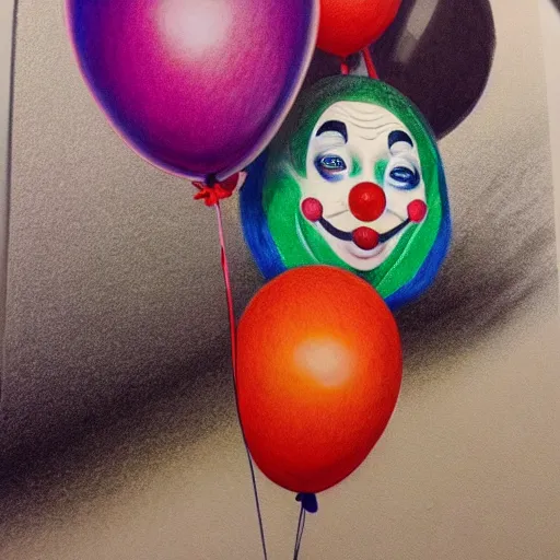 Prompt: Colored pencil art on paper, Clown with balloons fully body portrait, highly detailed, artstation, MasterPiece, Award-Winning, Caran d'Ache Luminance