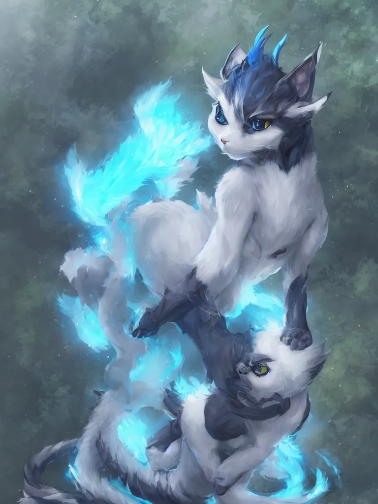 Prompt: dragon tail in the style of gorgeous stylish humanoid fursona cat with white horns and blue skin in the camping site, anime fursona furry art commission, anime!, furry art, greg rutkowski, furaffinity, award winning