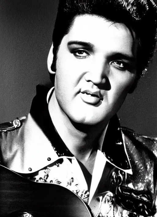 Prompt: photo closeup portrait of superstar elvis presley by ron galella