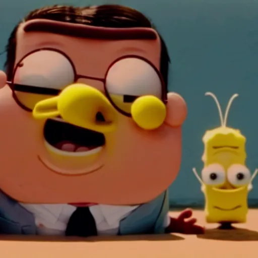 Image similar to mr. bean as spongebob. movie still. cinematic lighting.