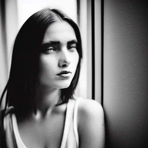 Prompt: black and white fashion photography portrait of a beautiful depressed Woman with detailed face standing by the window, natural light, film grain, soft vignette, sigma 85mm f/1.4 1/10 sec shutter