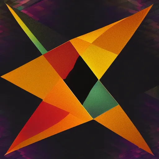 Image similar to a picture of a bunch of triangles on a black background, an album cover by wolfgang zelmer, behance contest winner, crystal cubism, tesseract, holographic, psychedelic