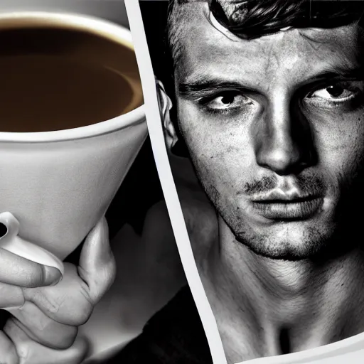 Prompt: collage, sleepy worker man face, fashion model, a cup of coffee, matte, oil painting