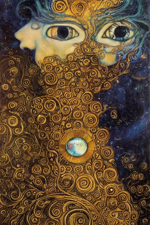 Image similar to The Lost Souvenir by Karol Bak, Jean Deville, Gustav Klimt, and Vincent Van Gogh, mystic eye, otherworldly, vintage well-worn postcard, scenic landscape, fractal structures, arcane, inferno, inscribed runes, infernal relics, ornate gilded medieval icon, third eye, spirals, rich deep moody colors