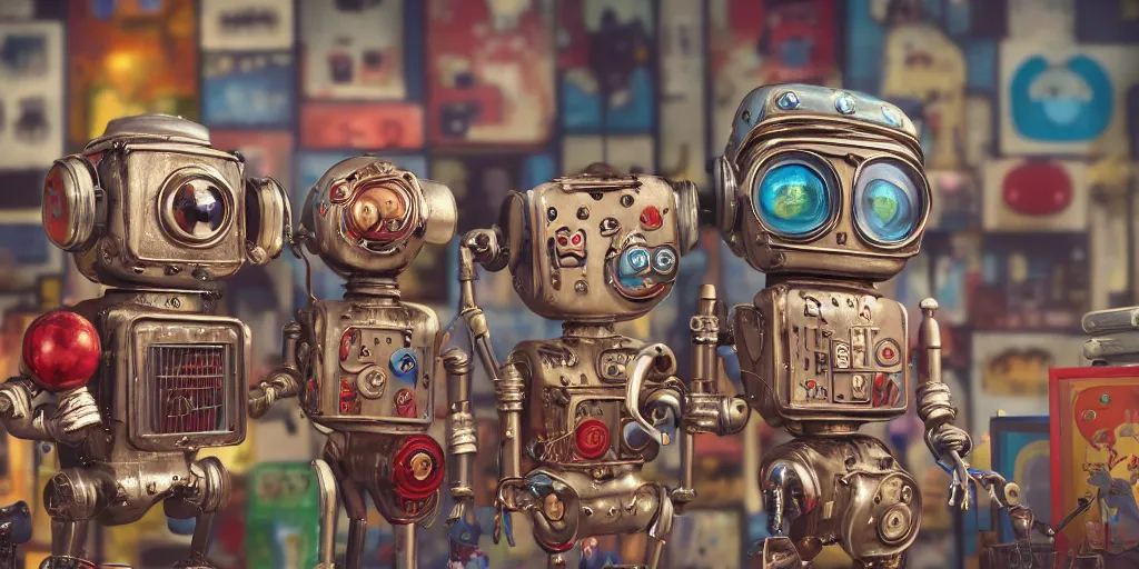 Image similar to closeup portrait of tin toy retro robot city diorama, depth of field, f 3 2, zeiss lens, detailed, centered, fashion photoshoot, by nicoletta ceccoli, mark ryden, lostfish, breathtaking, 8 k resolution, extremely detailed, beautiful, establishing shot, artistic, hyperrealistic, octane render, - h 8 0 4