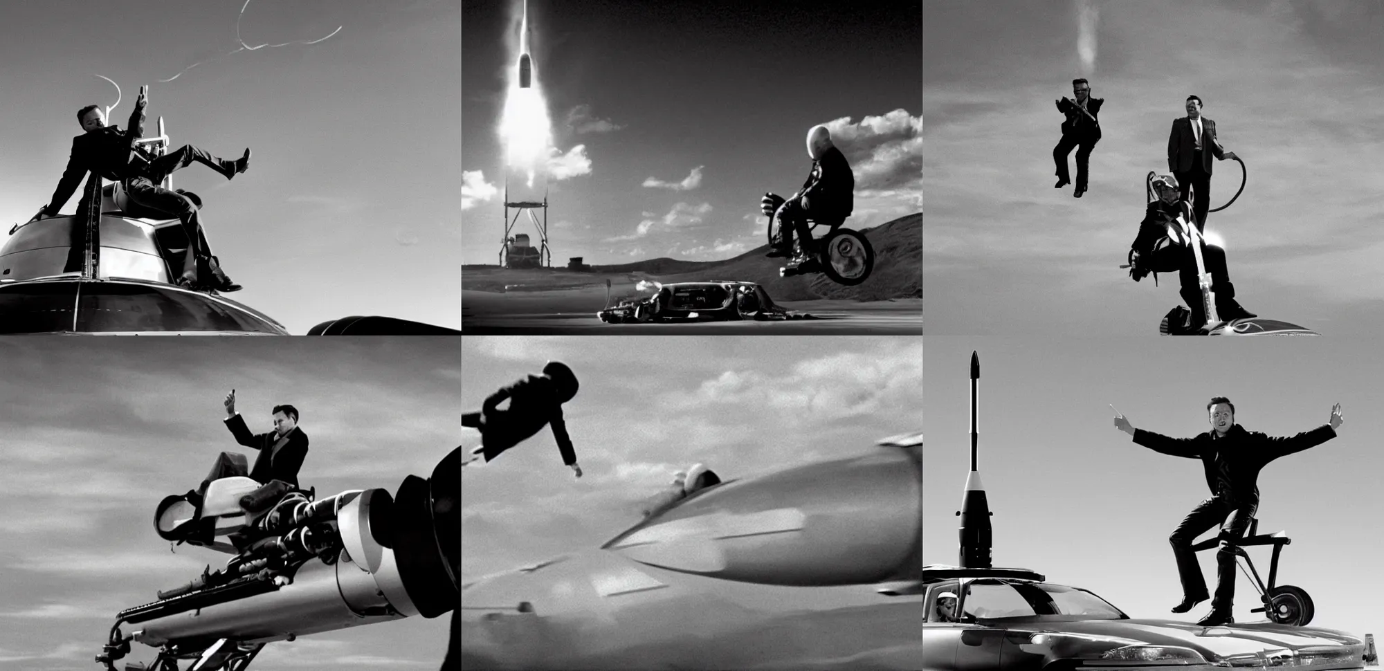Prompt: elon musk rodeo riding on top of a rocket, in the style of dr. strangelove, movie still, bw