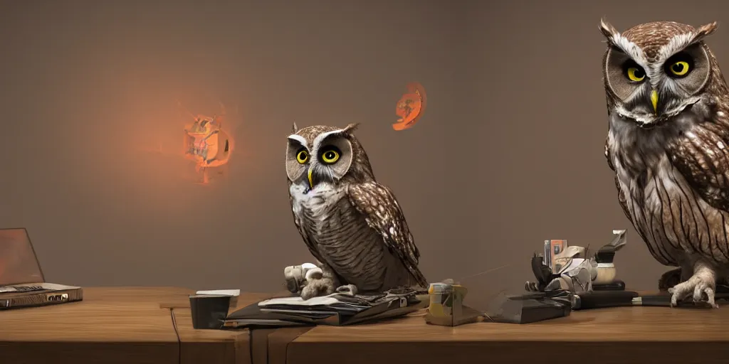 Image similar to an evil, malevolent, mechincal owl looking at photos. this 4 k hd image is trending on artstation, featured on behance, well - rendered, extra crisp, features intricate detail and the style of unreal engine. volumetric lighting