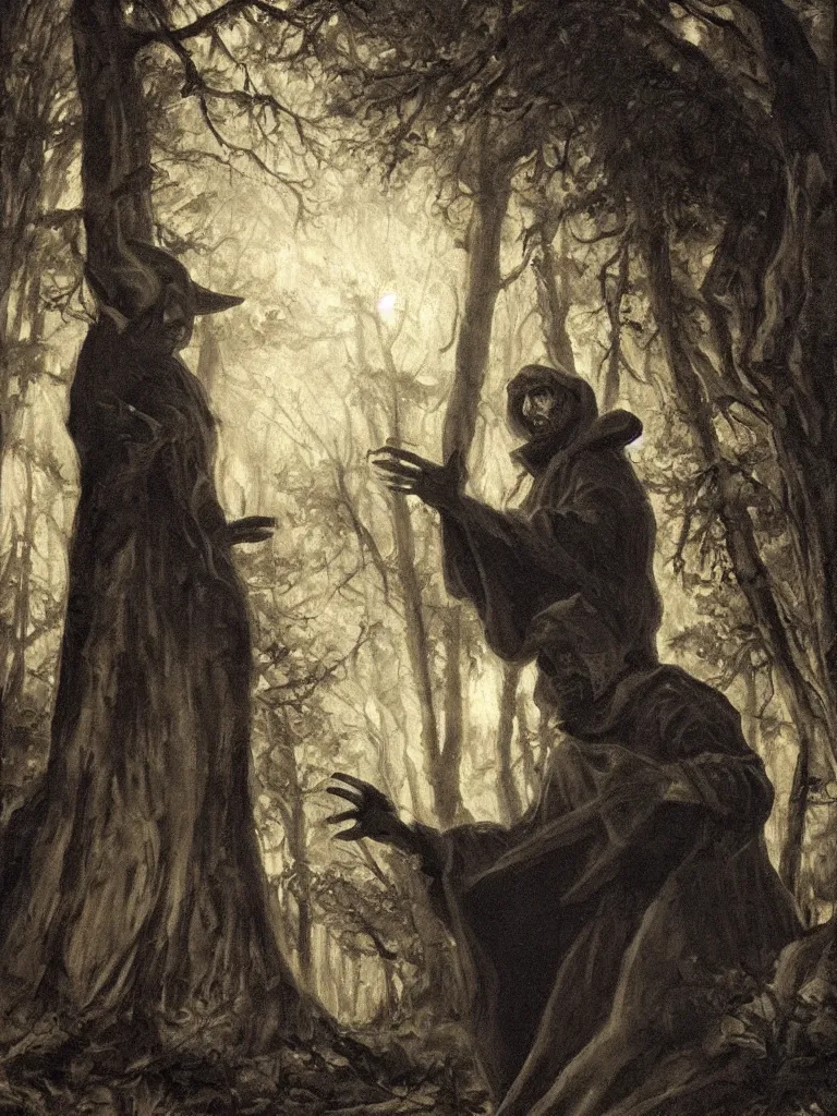 Image similar to Warlock walking in dark spruce woods and casting a spell with his hand. Chiaroscuro oil painting.