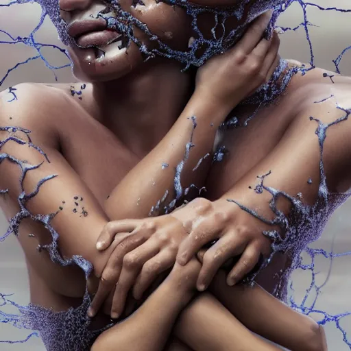 Prompt: closeup of beautiful multiracial human bodies intertwined, bodies blooming, 3 d fractals, mandelbulb, dripping wet, skin, macro photography, anamorphic bokeh, long exposure, highly detailed, hyperrealism, cinematic