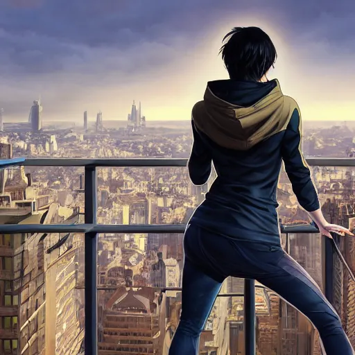 Prompt: cassandra cain wearing a hoodie and street clothes, overlooking the city, cg animation, capcom, realistic, character select portrait, by artgerm, greg rutkowski, alphonse mucha, 3 d