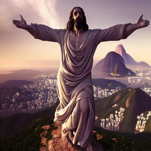 Prompt: an extremely detailed sculpture of a ridiculously good looking jesus that looks like a jewish gigachad posed like the christo redentor, long curly hair, elegant ancient greek dress, very detailed, standing on a mountain over rio de janeiro, beautiful, intricate, cinematic, artstation, william bouguereau, alphonse mucha, greg rutkowski, rossdraws, octane render