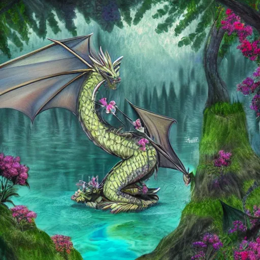 Prompt: a dragon, the body of the dragon is made out of flowers, small lake, in a forest glade, 4 k digital artwork, concept art