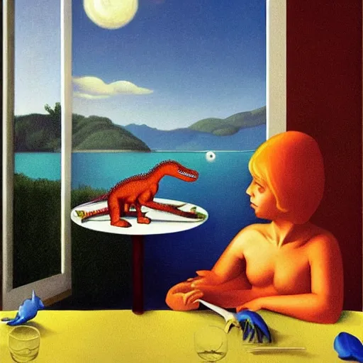 Image similar to a dinosaur takes you out for dinner by Raphael, Hopper, and Rene Magritte. detailed, romantic, enchanting, trending on artstation.