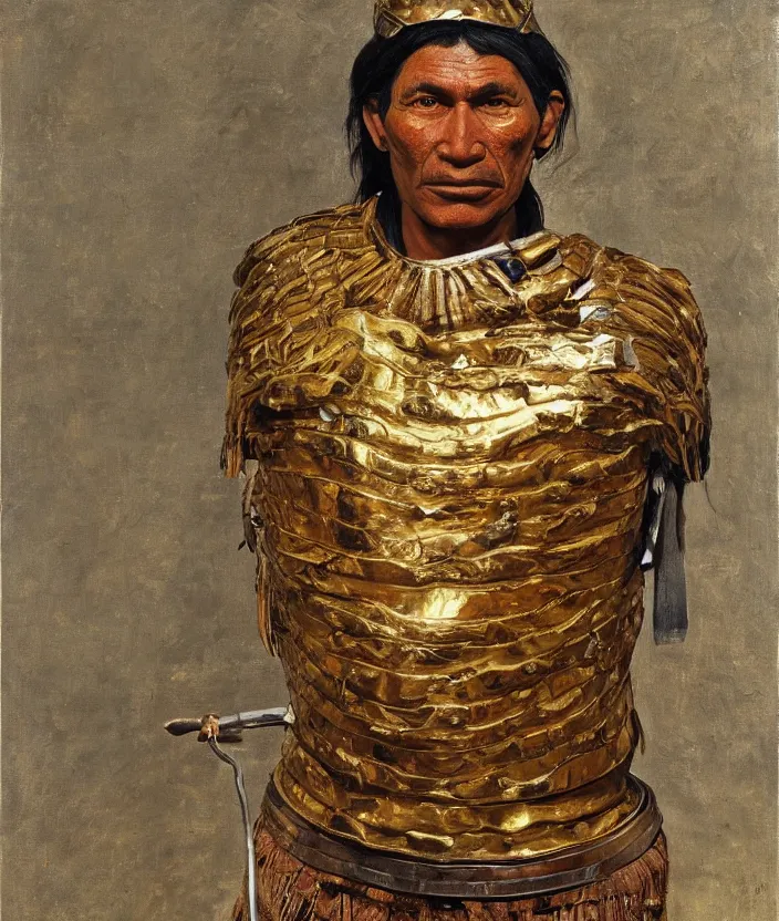 Image similar to indigenous man with a golden armour, painted by lucian freud, hd, super detailed, realistic, muted colors