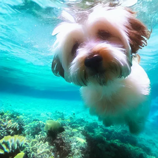 Image similar to a cream-colored havanese snorkeling in a tropical reef, gopro photo, 4k