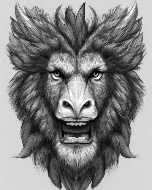 Image similar to human / eagle / lion / ox hybrid with two horns, one big beak, mane, human body. drawn