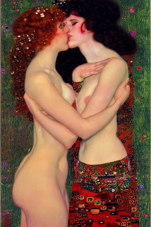 Prompt: two beautiful young goddess, red lighting, kiss, highly detailed, artstation, illustration, art by Gustav Klimt