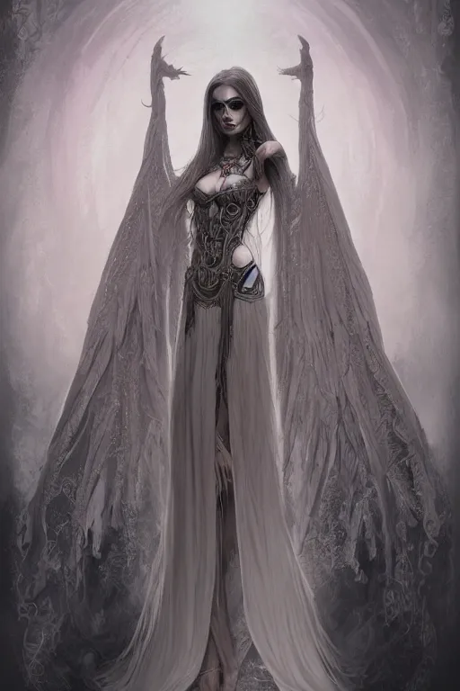 Prompt: ultra realist and ultra intricate detailed character concept art of a beautiful slim but curvy muerte girl in a long dress, thin lustrous hair, symmetry features, sensual gloomy style, soft painting, volumetric light and fog, fantasy background, artstation, Tom Bagshaw artstyle, unreal render