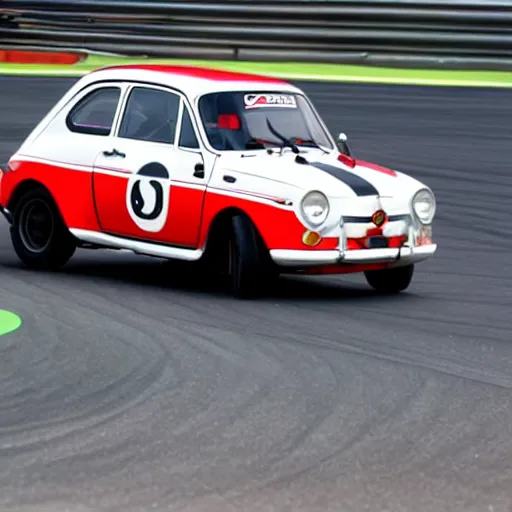 Prompt: A 1970 Abarth 695 SS driving on a race track