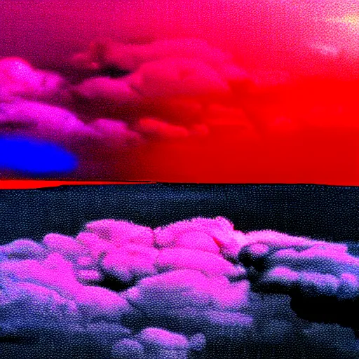 Image similar to combat drone strike war footage, ir, chromatic aberration!!!!!!!!!!!, broken camera colors, iridescent!!!!!!!!! saturated infrared camera, very high contrast, nuclear cloud, high angle vertical, inversed color, clouds, jpeg compression