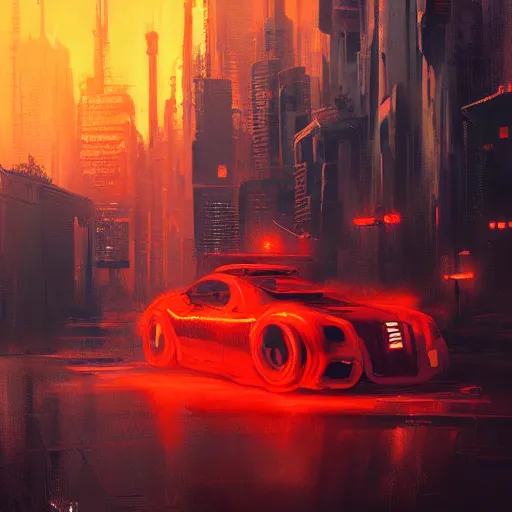 Image similar to cyberpunk orange fluffy cat, red symbol, futuristic, brush strokes, oil painting, city background, greg rutkowski