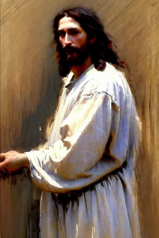 Image similar to impressionist brushstrokes!!!!!!!!! solomon joseph solomon and richard schmid and jeremy lipking victorian loose genre loose painting full length portrait painting of jesus with a slight smile