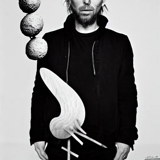 Image similar to Thom Yorke, Radiohead, holding the moon upon a stick, with a beard and a black jacket, a portrait by John E. Berninger, dribble, neo-expressionism, uhd image, studio portrait, 1990s