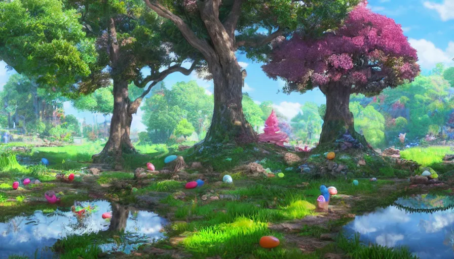 Prompt: a colorful easter land with a pond, beautiful ancient trees, hiding large treasure chest, serene evening atmosphere, soft lens, soft light, cel - shading, animation, in the style of cgsociety, deviantart, artstation, zbrush, cinema 4 d, studio ghibli, akihiko yoshida, atelier lulua, masamune shirow