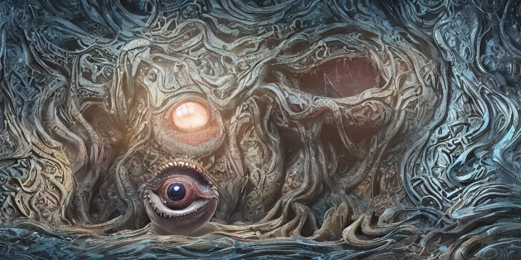 Image similar to of an intricate muddy water with strange cute friendly happy creatures with huge eyes, long tongue, round teeth and goofy funny face, appearing from the background, in the style of gehry and gaudi, macro lens, shallow depth of field, ultra detailed, digital painting, trending artstation, concept art, illustration, cinematic lighting, photorealism, epic, octane render