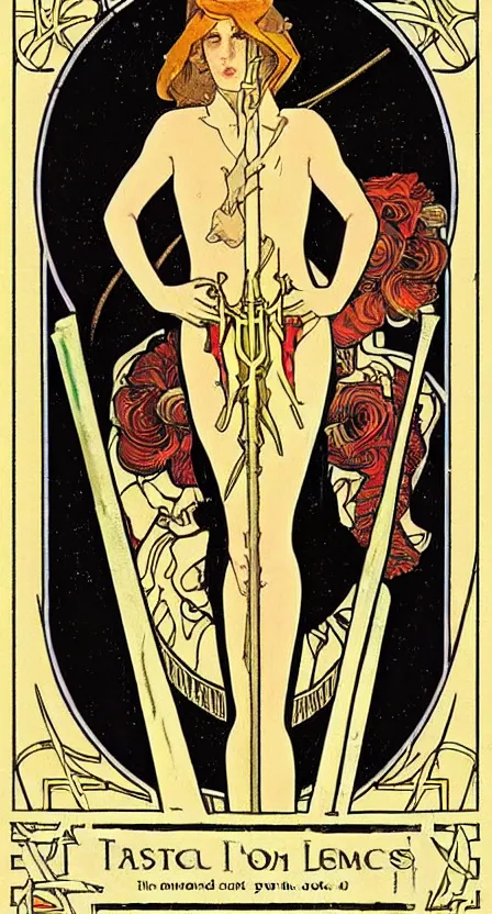 Prompt: a tarot card of death with a scythe, standing on a pile of bones. illustrated in an art deco style by tamara de lempika and an elegant border by alphonse mucha. | studio lighting | digital painting, stunning lighting, trending on artstation