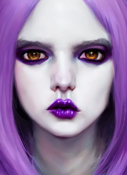 Image similar to portrait of white teenage girl, normal face, white bangs, mall goth, cyberlox, black and white hair, bangs, fluffy bangs, red contact lenses, purple lipstick, intricate, elegant, highly detailed, digital painting, artstation, concept art, sharp focus, smooth, illustration, art by wlop, mars ravelo and greg rutkowski