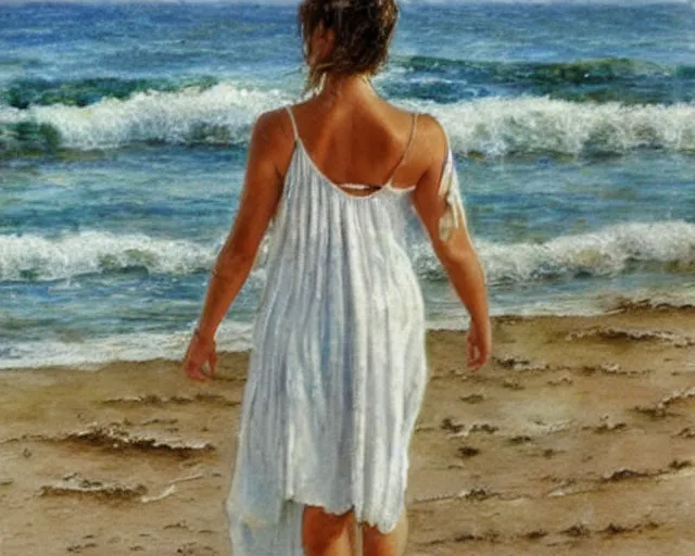 Prompt: a photorealistic watercolor of a woman with wet translucent white dress walking by the beach, by Steve Hanks, highly detailed and realistic, intricate HD, emotional realism