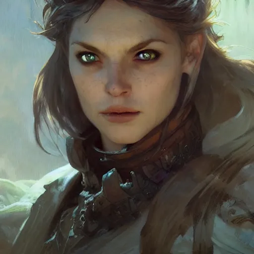 Image similar to closeup portrait of a dungeons and dragons character, dramatic lighting, castle background, gorgeous view, realistic, high detail, depth of field, lightrays, atmospheric, digital art, painted by greg rutkowski, painted by jeremy mann, painted by alphonse mucha, trending on artstation