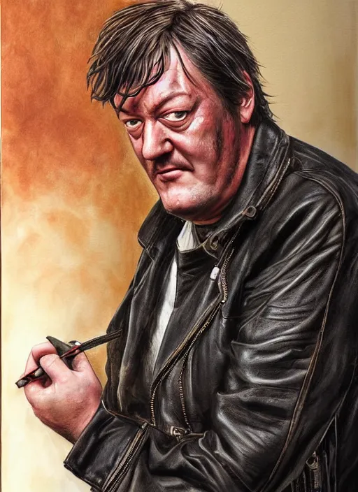 Image similar to portrait of stephen fry, gritty, dark, wearing a leather jacket, very detailed eyes, hyperrealistic, very detailed painting by Glenn Fabry, by Joao Ruas, by Artgerm