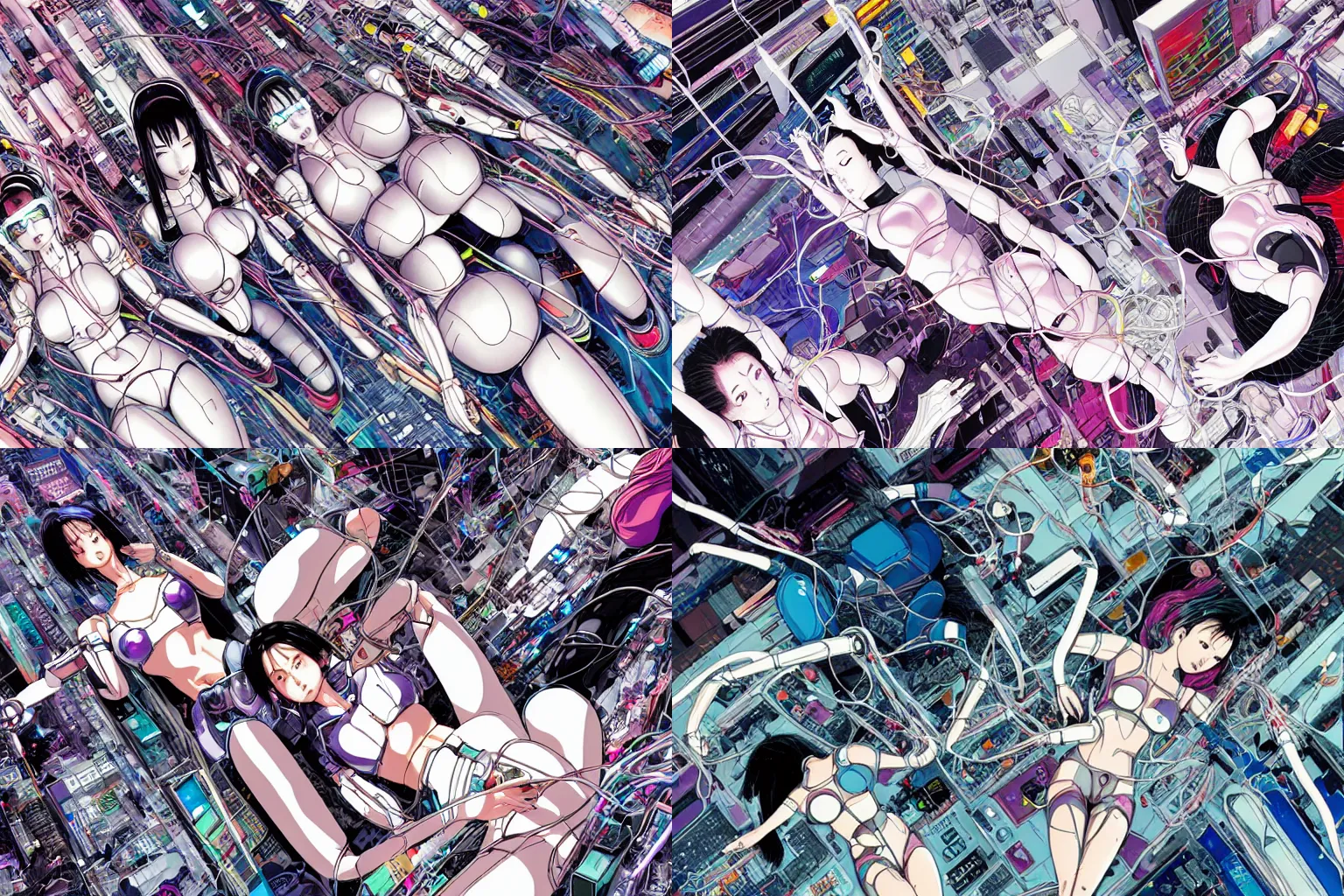 Prompt: a cyberpunk illustration of a group of super coherent female androids in style of yukito kishiro, lying on an abstract, empty, white floor with their body parts scattered around in various poses and cables and wires coming out, by masamune shirow and katsuhiro otomo, hyper-detailed, intricate, colorful, view from above