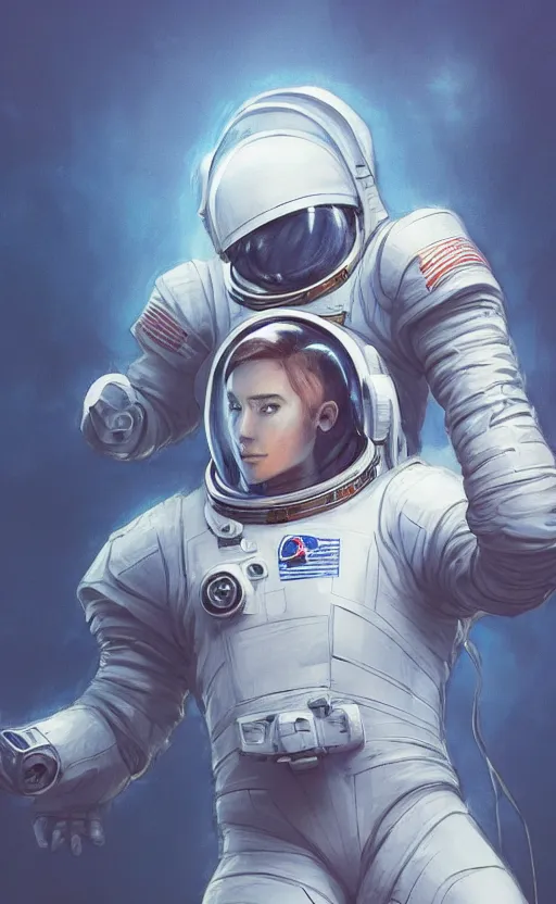 Prompt: a beautiful artwork illustration, concept art sketch of an astronaut in white futuristic cybernetic armor holding a shiny blue cube in his hand in front of him, volumetric fog, godrays, high contrast, vibrant colors, vivid colors, high saturation, by Greg Rutkowski and Jesper Ejsing and Raymond Swanland and alena aenami, featured on artstation, narrow angle, vertical orientation