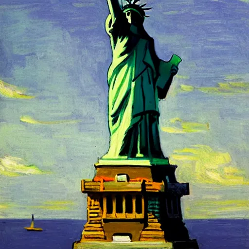 Image similar to portrait of the statue of liberty, in the style of Edward Hopper and Vincent Van Gogh, 4k,