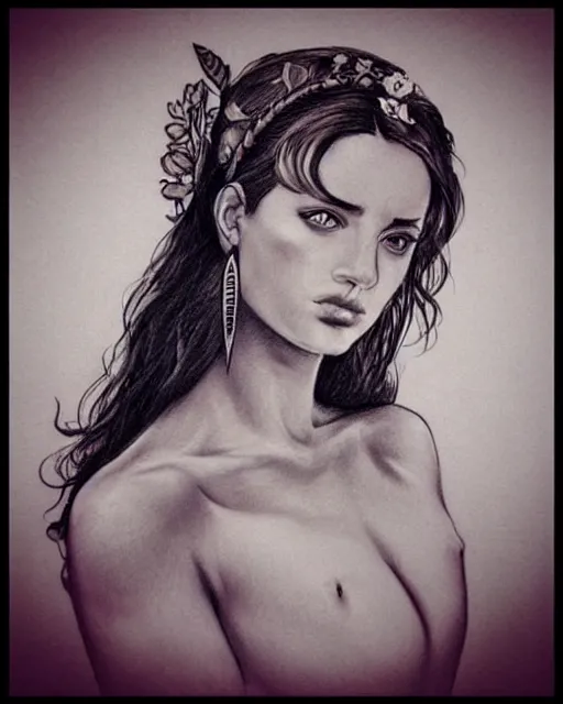 Prompt: realism tattoo sketch of anna jagodzinska as a beautiful greek goddess aphrodite with piercing eyes wearing a laurel wreath and triangle earrings, in the style of greg rutkowski, amazing detail