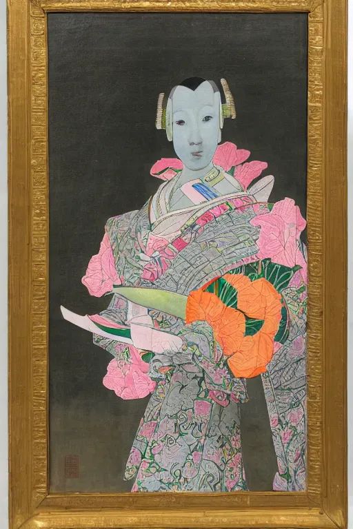 Image similar to a elegant japanese robot with fluo color detail, and muted arm colors, on top of dutch master painting of flowers