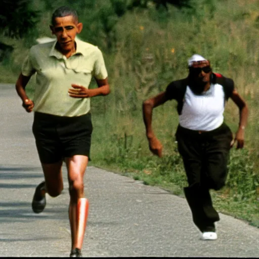 Image similar to Found footage of Obama chasing a hiker, 1986