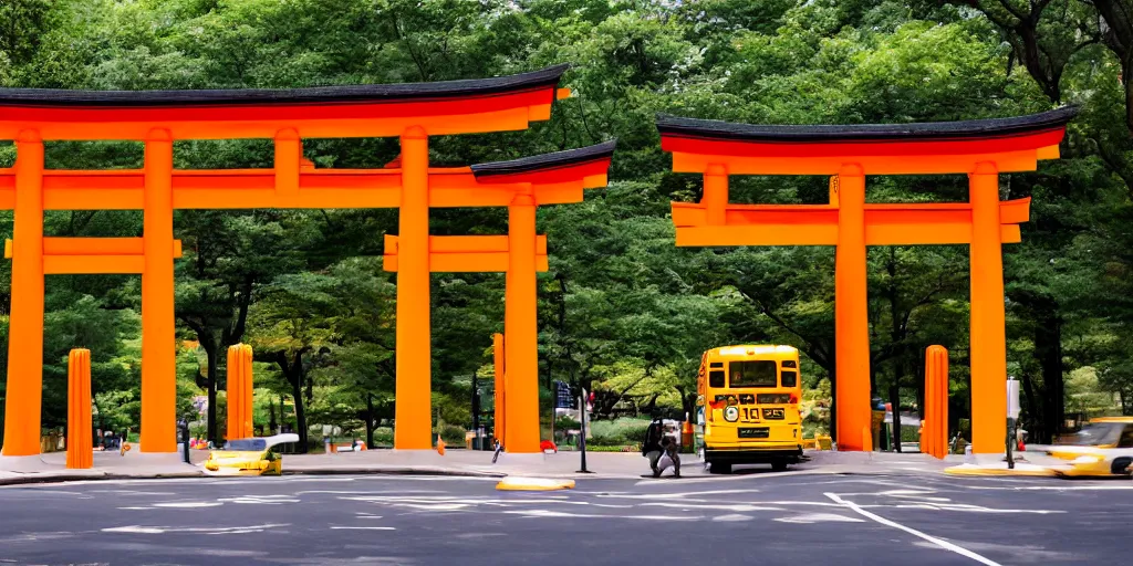 Prompt: Yellow school bus, driving towards a red japanese Torii gate at New York location in USA, ray tracing