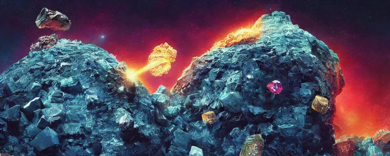 Image similar to asteroid made of donald trump and crystals, [ trump, shards, facets, by paul lehr, cinematic, detailed, epic, widescreen, opening, establishing, mattepainting, photorealistic, realistic textures, octane render ]