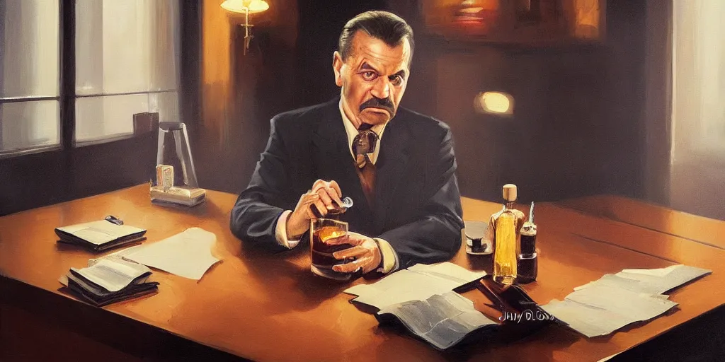 Image similar to beautiful oil matte portrait painting, mafia boss holding a cigar and drinking whiskey at his 5 0 s new york office desk, wonderful masterpiece highly detailed, beautiful cinematic light deep focus, elegant, digital painting, smooth, sharp focus, golden ratio, dramatic illumination, ultra realistic, 8 k, art by jimmy law