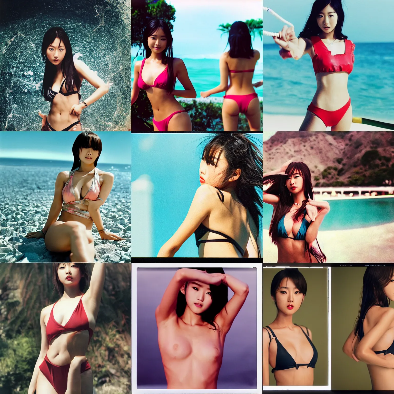 Image similar to Worksafe,8K HD incredible dynamic movie shot,very close-up young beautiful gorgeous cute Japanese actress supermodel J-Pop AV idol girl posing in swimsuit, motion.High budget Hollywood movie.At Behance and Instagram,taken with polaroid kodak portra.Photoshop,Adobe After Effects