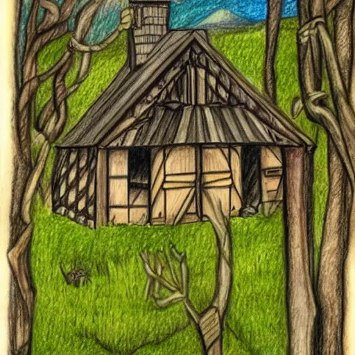 Prompt: a drawing of a Eerie cabin in the middle of the woods in the style of Albrecht Durer