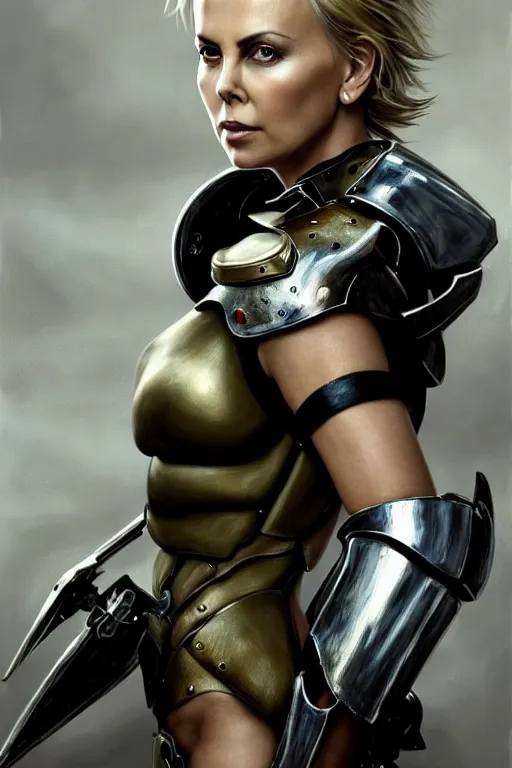 Image similar to a photorealistic painting of Charlize Theron, partially clothed in metal-plated battle armor, olive skin, long dark hair, beautiful bone structure, symmetrical face, perfect eyes, intricate, elegant, digital painting, concept art, illustration, sharp focus, minimal artifacts, from Metal Gear, in the style of Ruan Jia and Mandy Jurgens and Greg Rutkowski, trending on Artstation, award winning